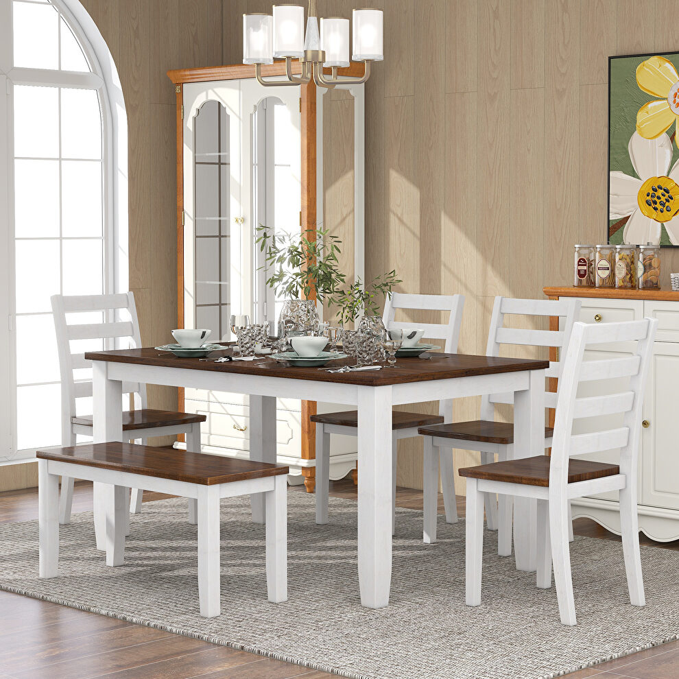Walnut/ white rustic style 6-piece dining room table set with 4 ergonomic designed chairs and bench by La Spezia