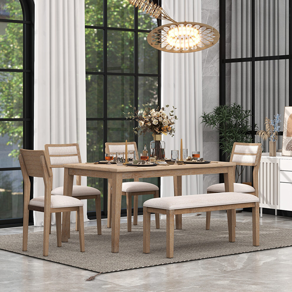 Classic and traditional style 6-piece dining set includes dining table 4 upholstered chairs and bench in natural wood wash by La Spezia