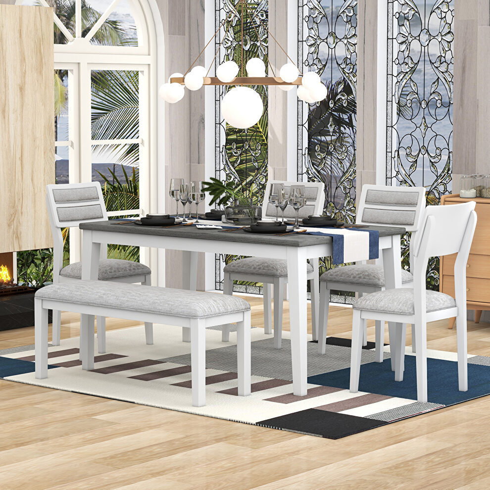 Classic and traditional style 6-piece dining set includes dining table 4 upholstered chairs and bench in white/ gray by La Spezia