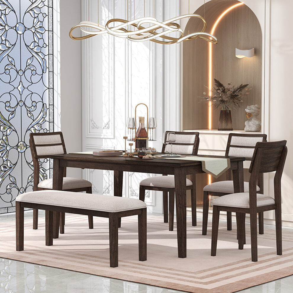 Classic and traditional style 6-piece dining set includes dining table 4 upholstered chairs and bench in espresso by La Spezia