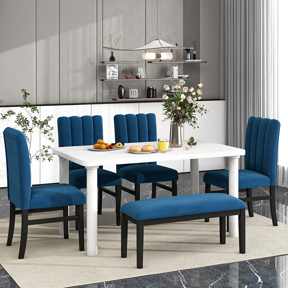 6-piece dining table set with marble veneer table and 4 flannelette upholstered dining chairs, bench in white/ blue by La Spezia