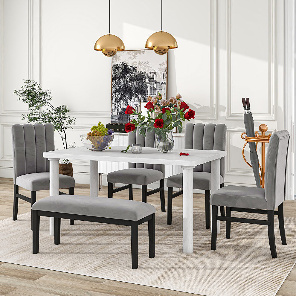 6-piece dining table set with marble veneer table and 4 flannelette upholstered dining chairs, bench in white/ gray by La Spezia