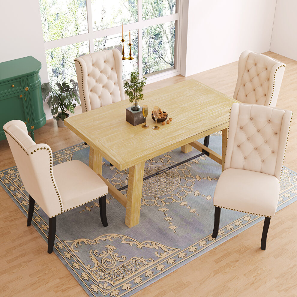 Natural wash wood dining table kitchen furniture a rectangular table and 4 beige upholstered wingback dining chairs by La Spezia
