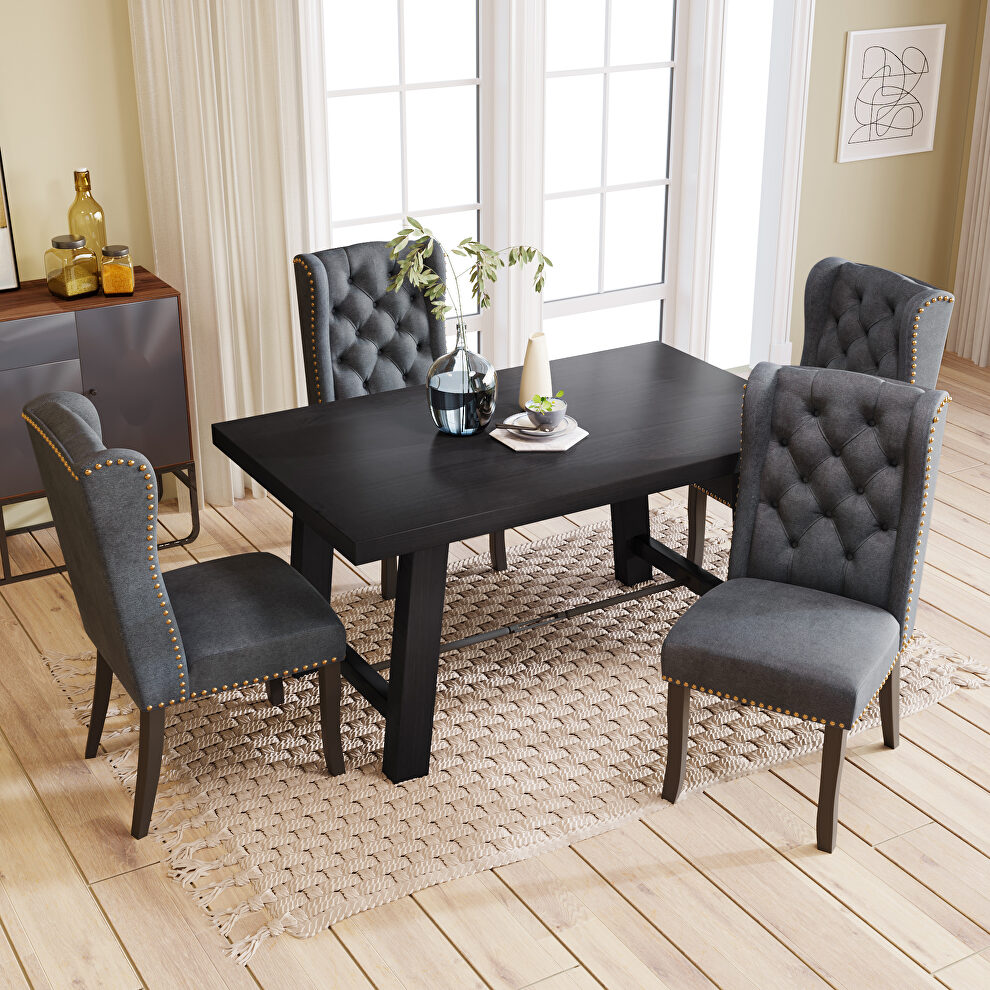 Espresso wood dining table kitchen furniture a rectangular table and 4 dark gray upholstered wingback dining chairs by La Spezia