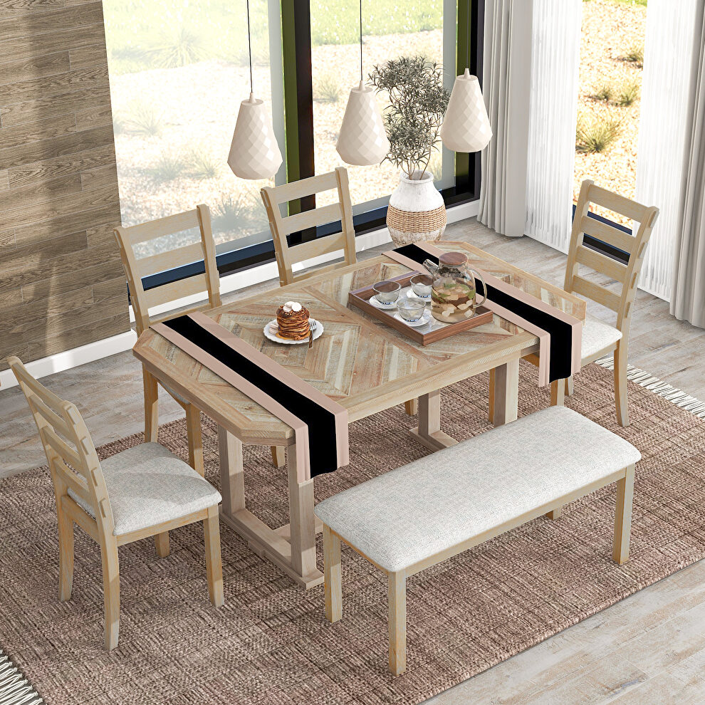 6-piece rubber wood dining table set with beautiful wood grain pattern tabletop solid wood veneer and soft cushion natural wood wash by La Spezia