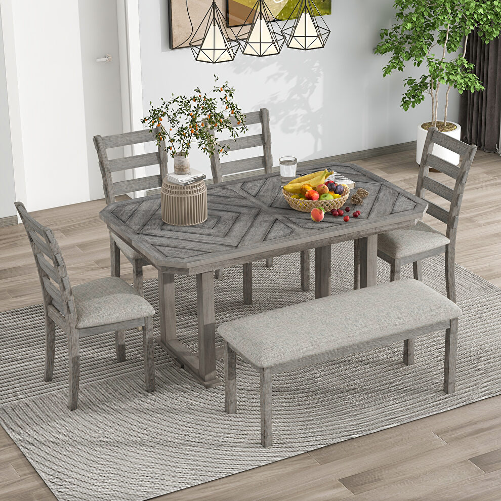 6-piece rubber wood dining table set with beautiful wood grain pattern tabletop solid wood veneer and soft cushion gray by La Spezia