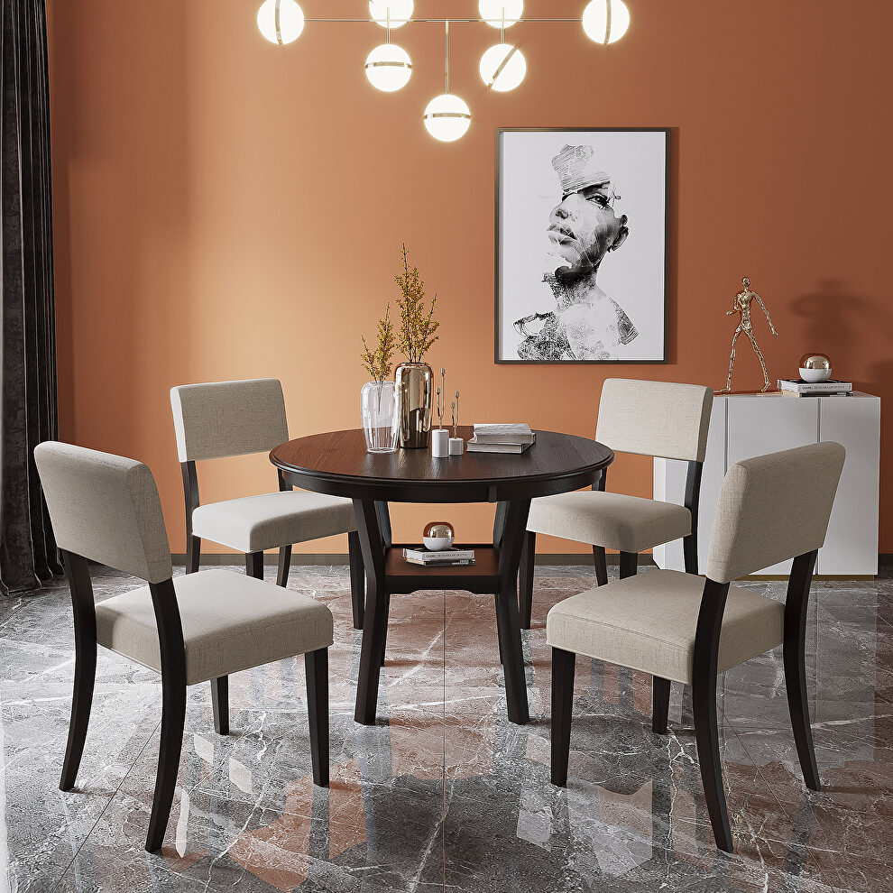 5-piece kitchen dining table set round table with bottom shelf 4 upholstered chairs in espresso by La Spezia