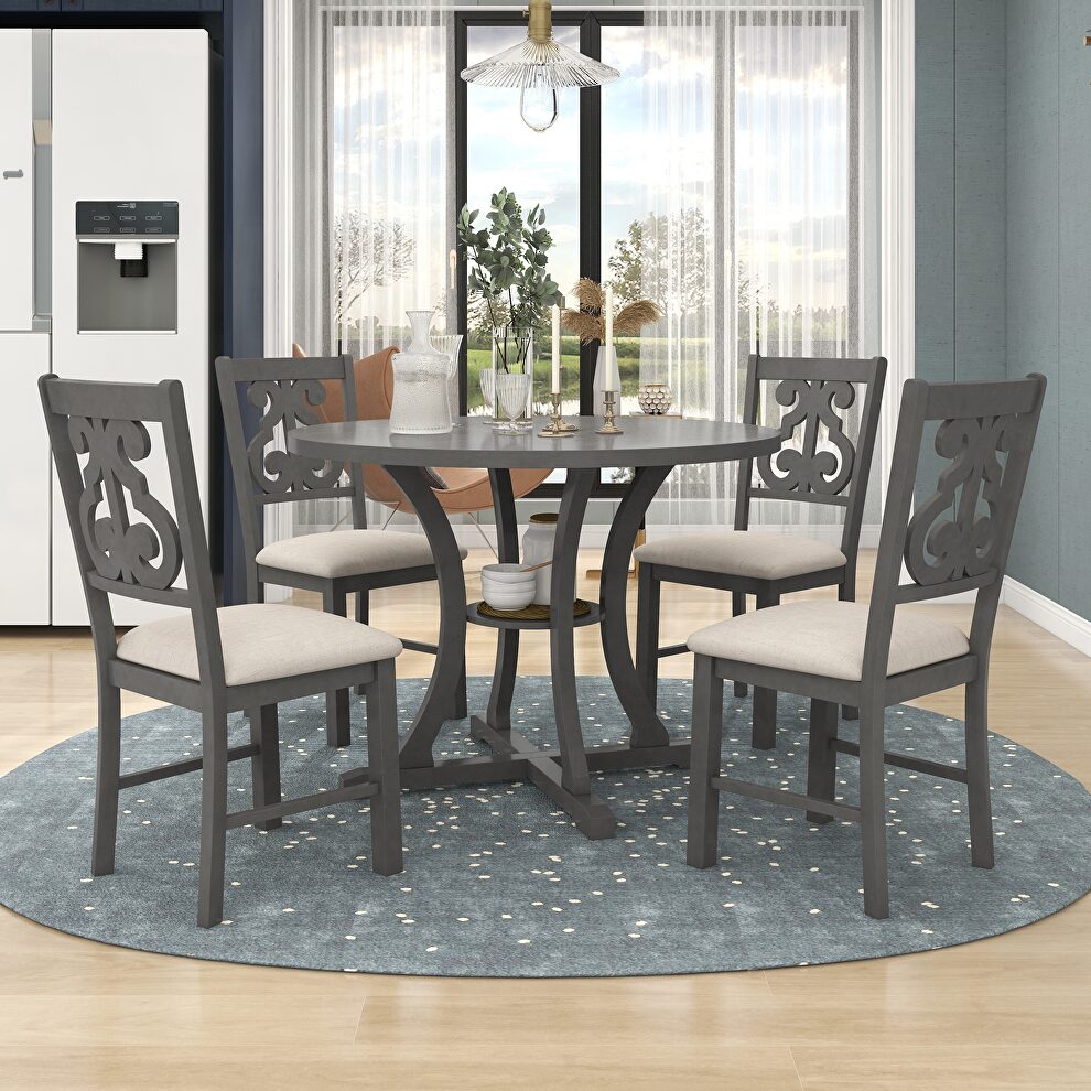 5-piece round dining table and chair set with exquisitely designed hollow chair back in gray by La Spezia