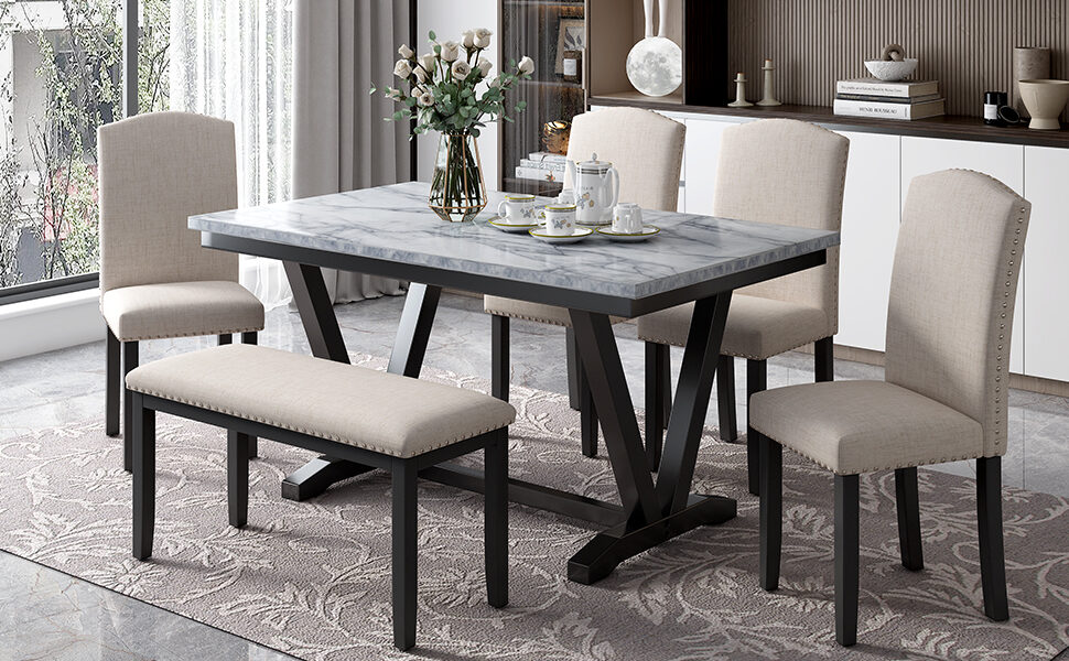 6-piece dining marble top table with 4 chairs and bench by La Spezia