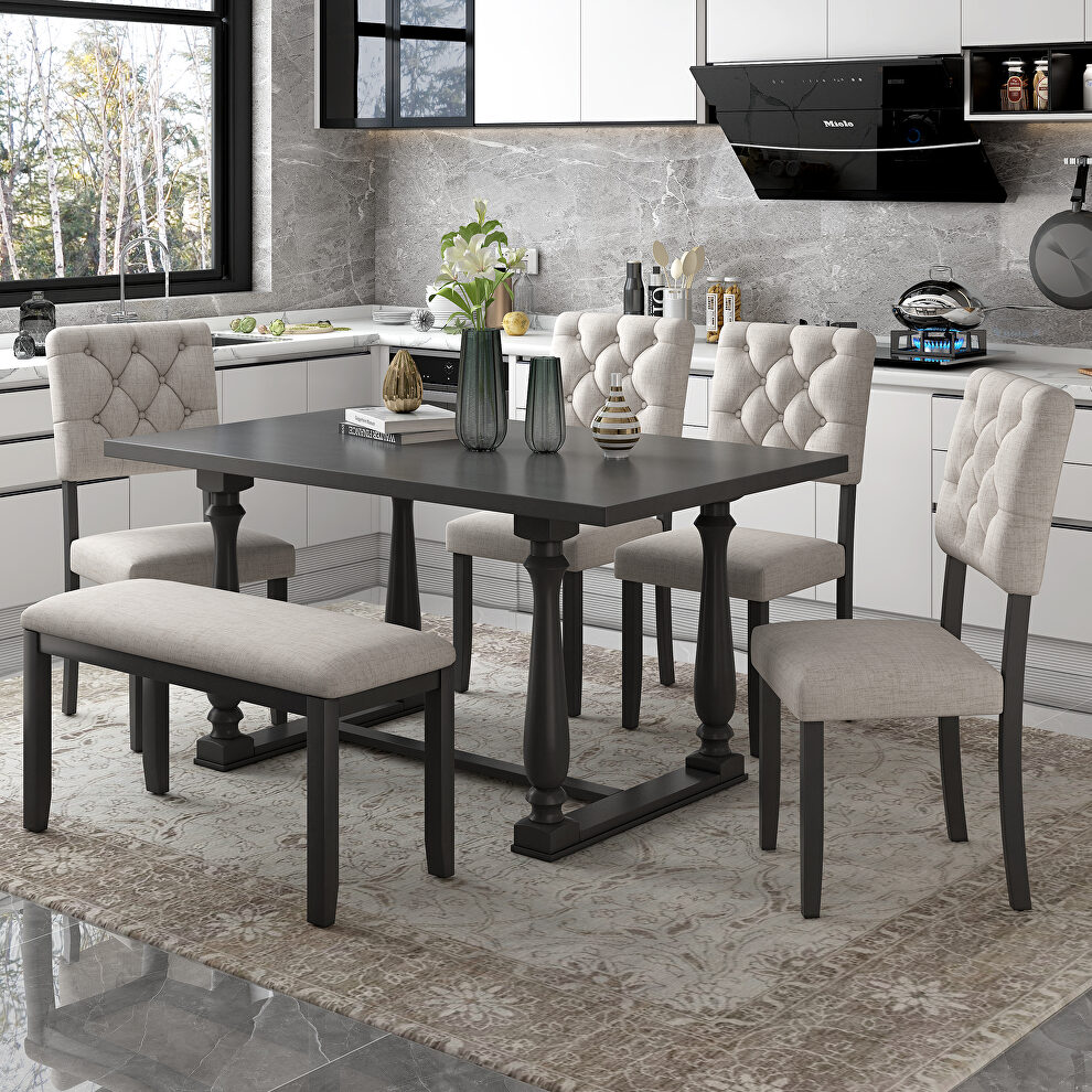 6-piece dining table, chair and bench set with special shaped legs in gray by La Spezia