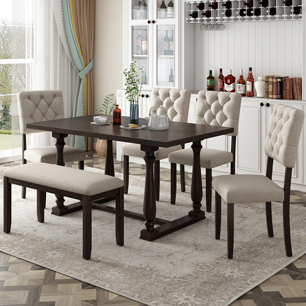 6-piece dining table, chair and bench set with special shaped legs in espresso by La Spezia