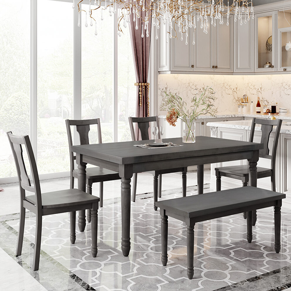 Classic 6pc dining set wooden table and 4 chairs with bench in gray by La Spezia