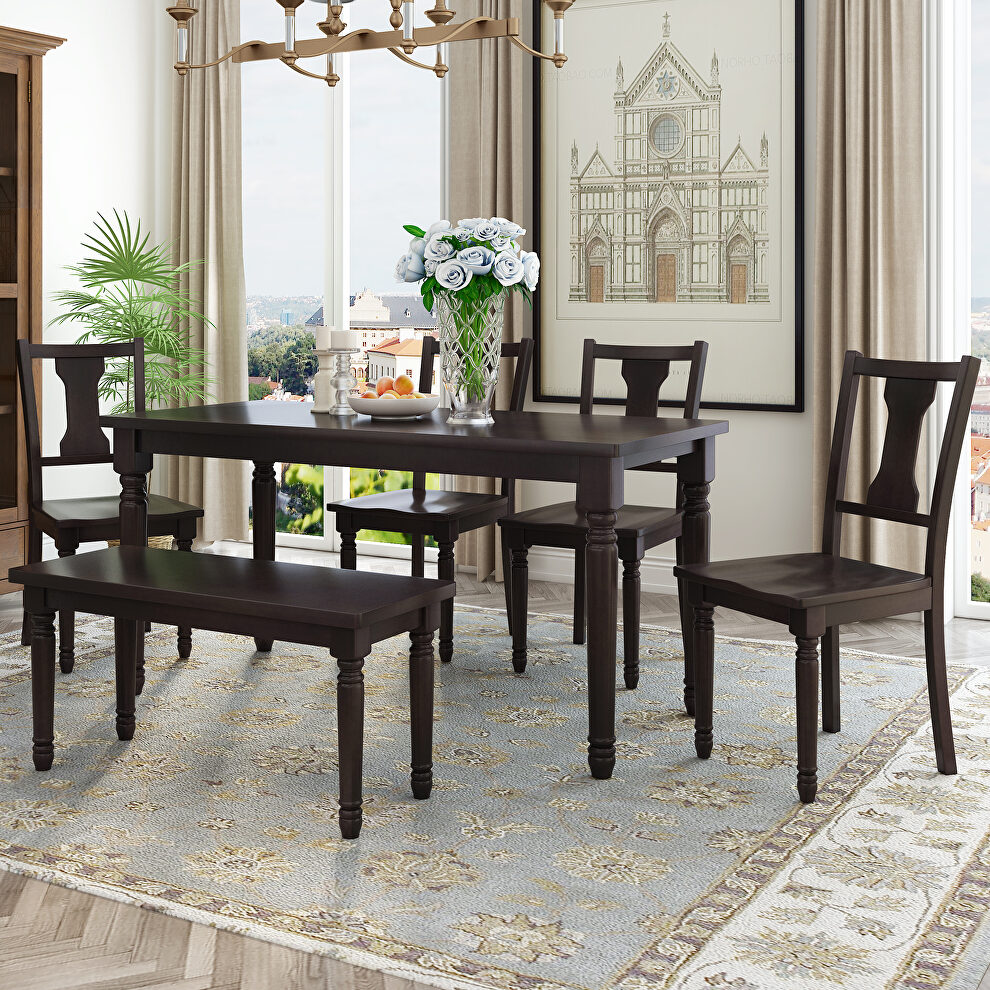 Classic 6pc dining set wooden table and 4 chairs with bench in espresso by La Spezia