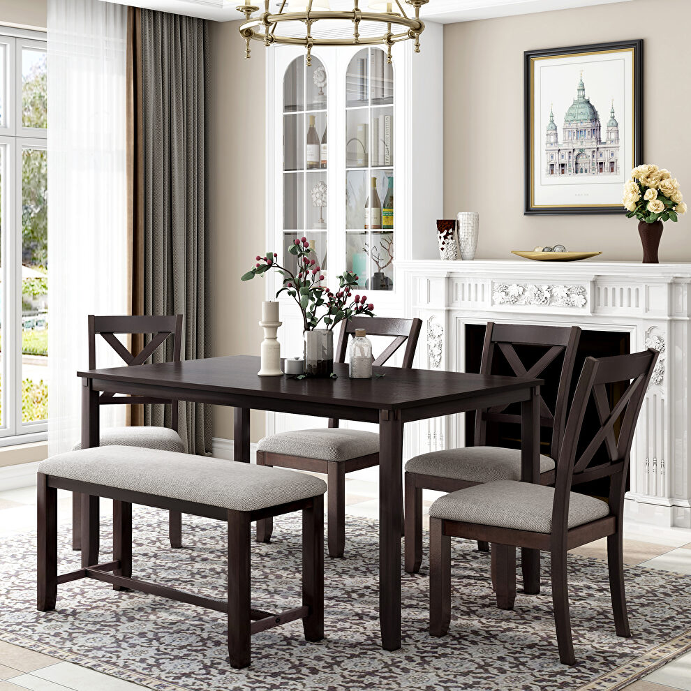Espresso wood 6-piece dining table set rectangular dining table, 4 fabric chairs and bench by La Spezia