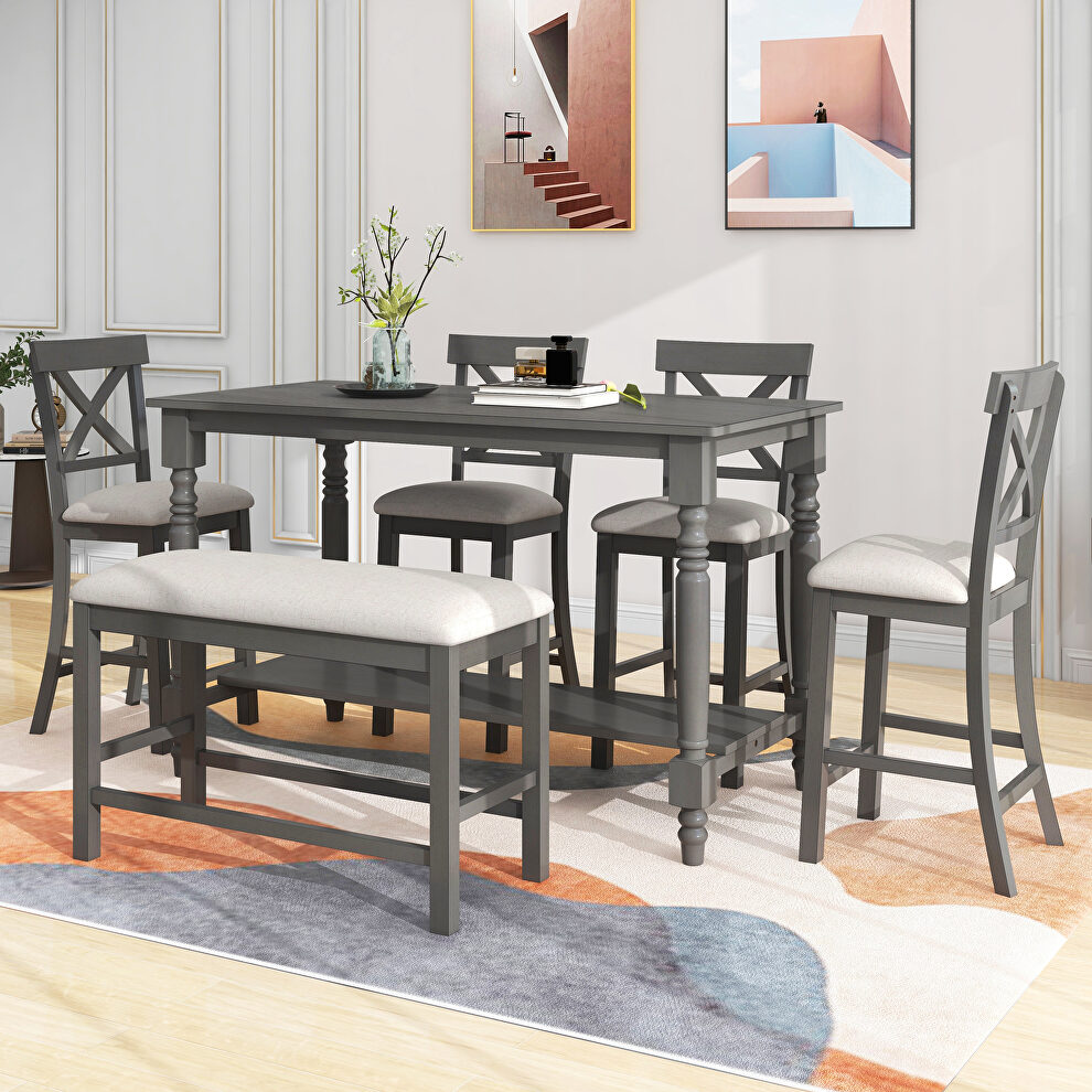 6-piece counter height dining table set table with shelf 4 chairs and bench in gray by La Spezia