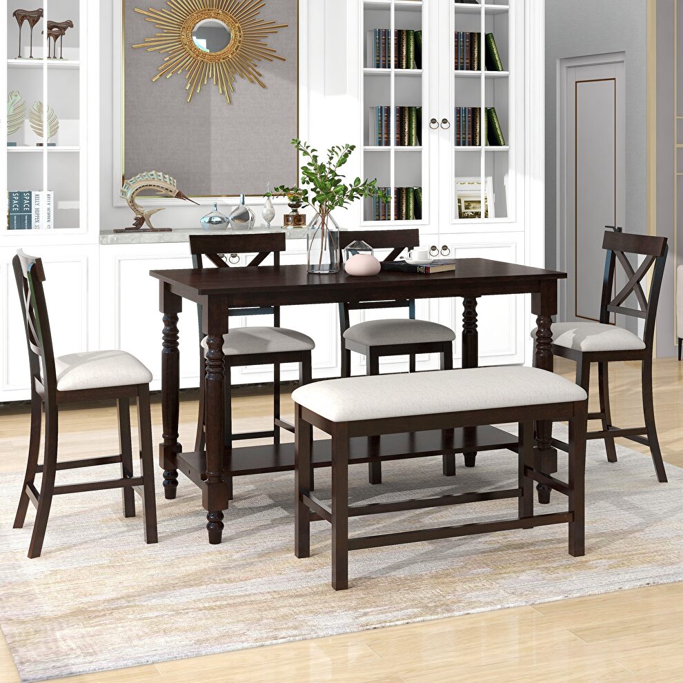 6-piece counter height dining table set table with shelf 4 chairs and bench in espresso by La Spezia