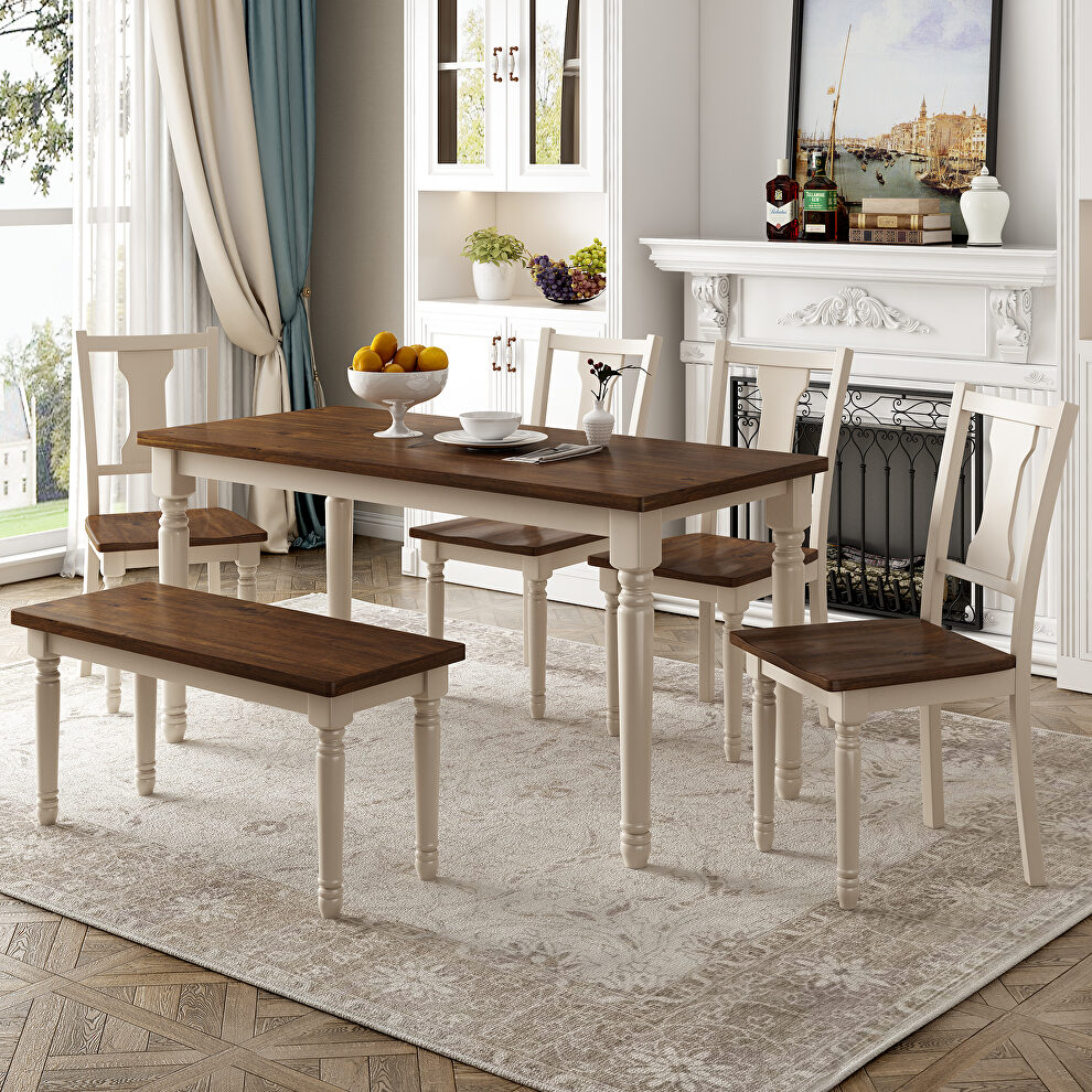 Classic 6-piece dining set wooden table and 4 chairs with bench in brown/ cottage white by La Spezia