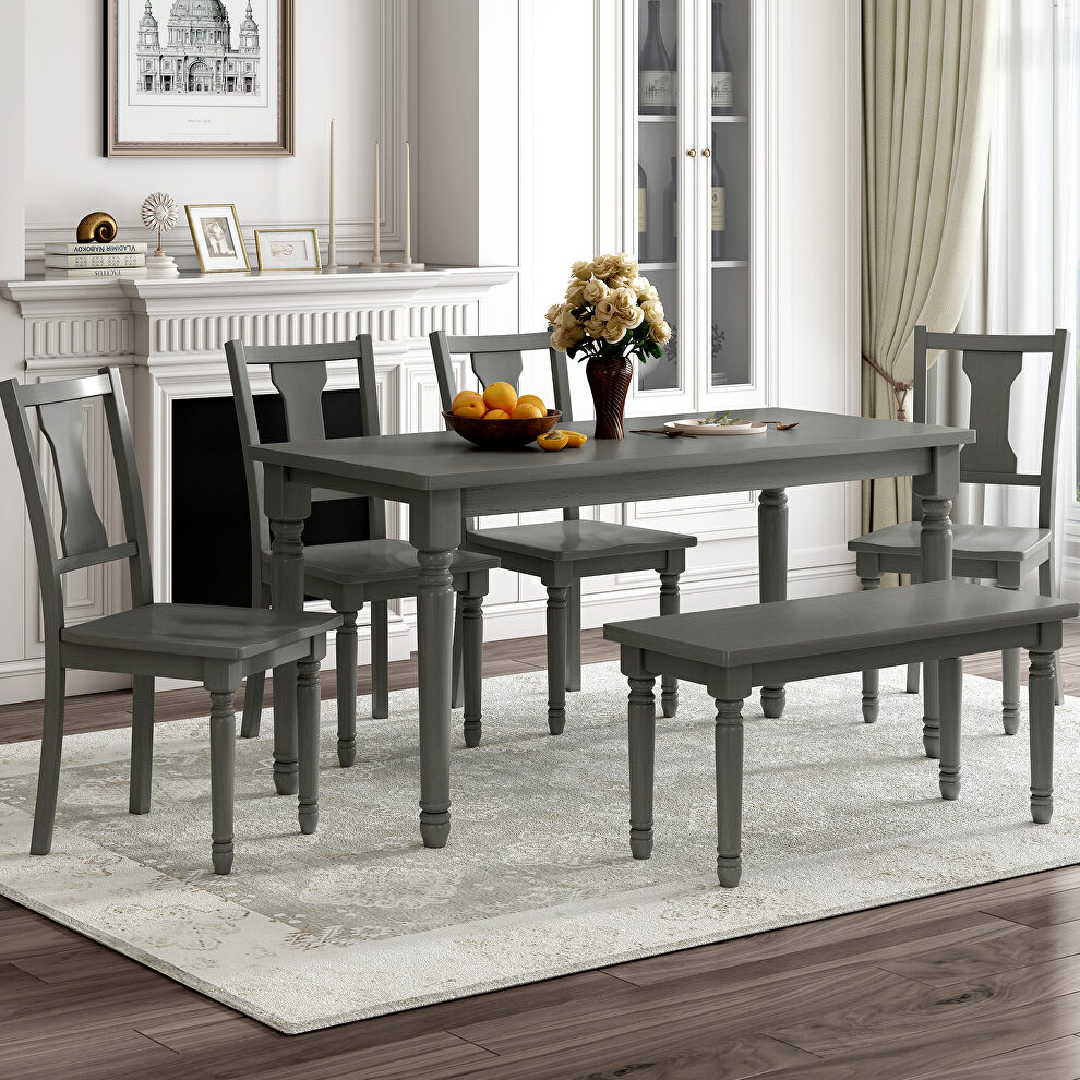 Classic 6-piece dining set wooden table and 4 chairs with bench in gray by La Spezia