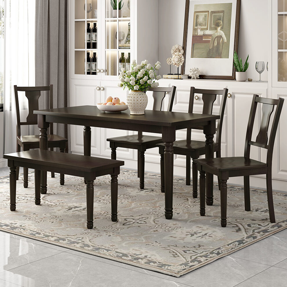 Classic 6-piece dining set wooden table and 4 chairs with bench in espresso by La Spezia