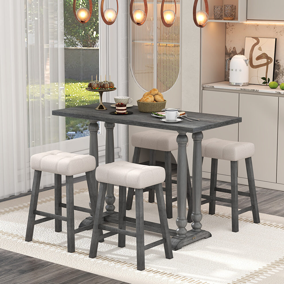 5-piece counter height dining set with a rustic table and 4 upholstered stools in gray by La Spezia