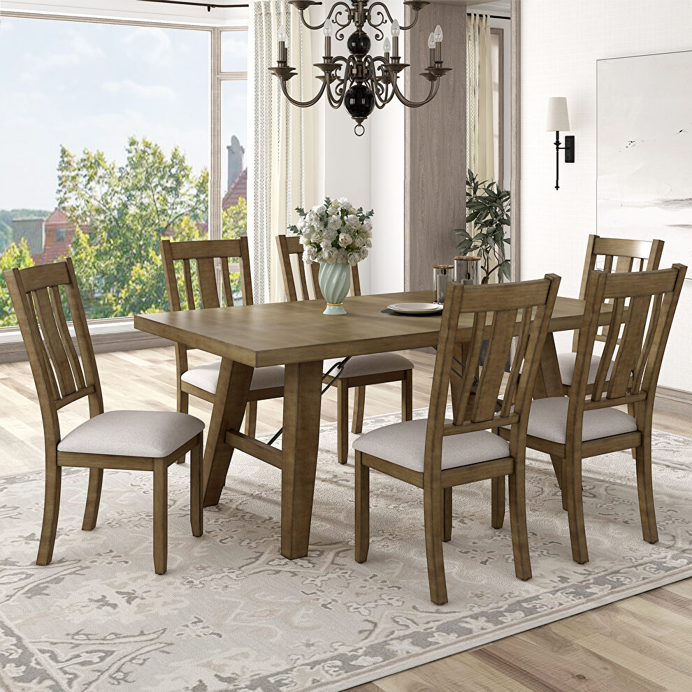 7-piece dining room set industrial style rectangular table with chain bracket and 6 dining chairs in natural walnut by La Spezia