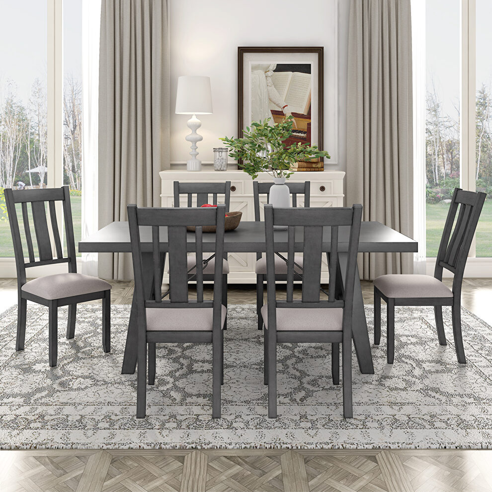 7-piece dining room set industrial style rectangular table with chain bracket and 6 dining chairs in gray by La Spezia