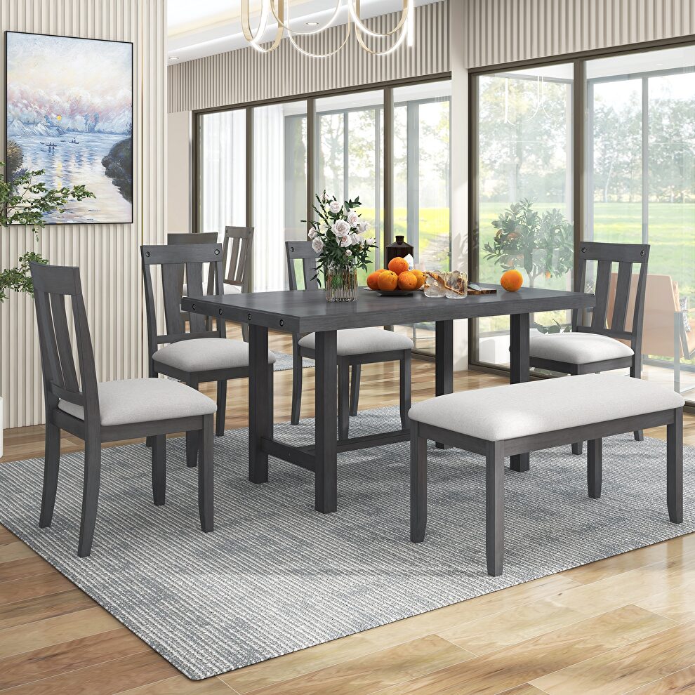 6-piece wooden rustic style dining set including table, 4 chairs and bench in gray by La Spezia