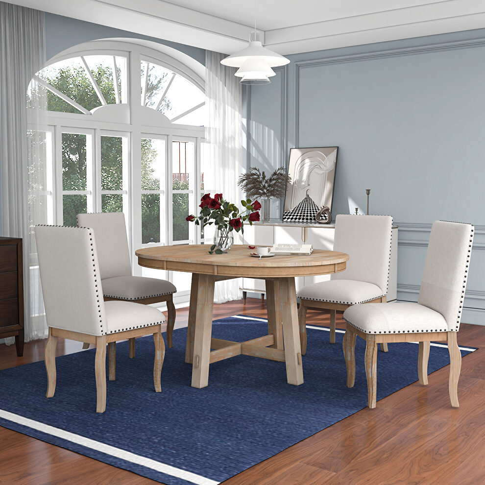 Natural wood wash finish 5-piece farmhouse dining table set wood round dining table and 4 upholstered dining chairs by La Spezia