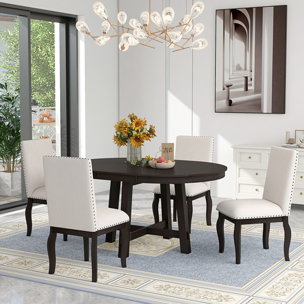 Espresso finish 5-piece farmhouse dining table set wood round dining table and 4 upholstered dining chairs by La Spezia