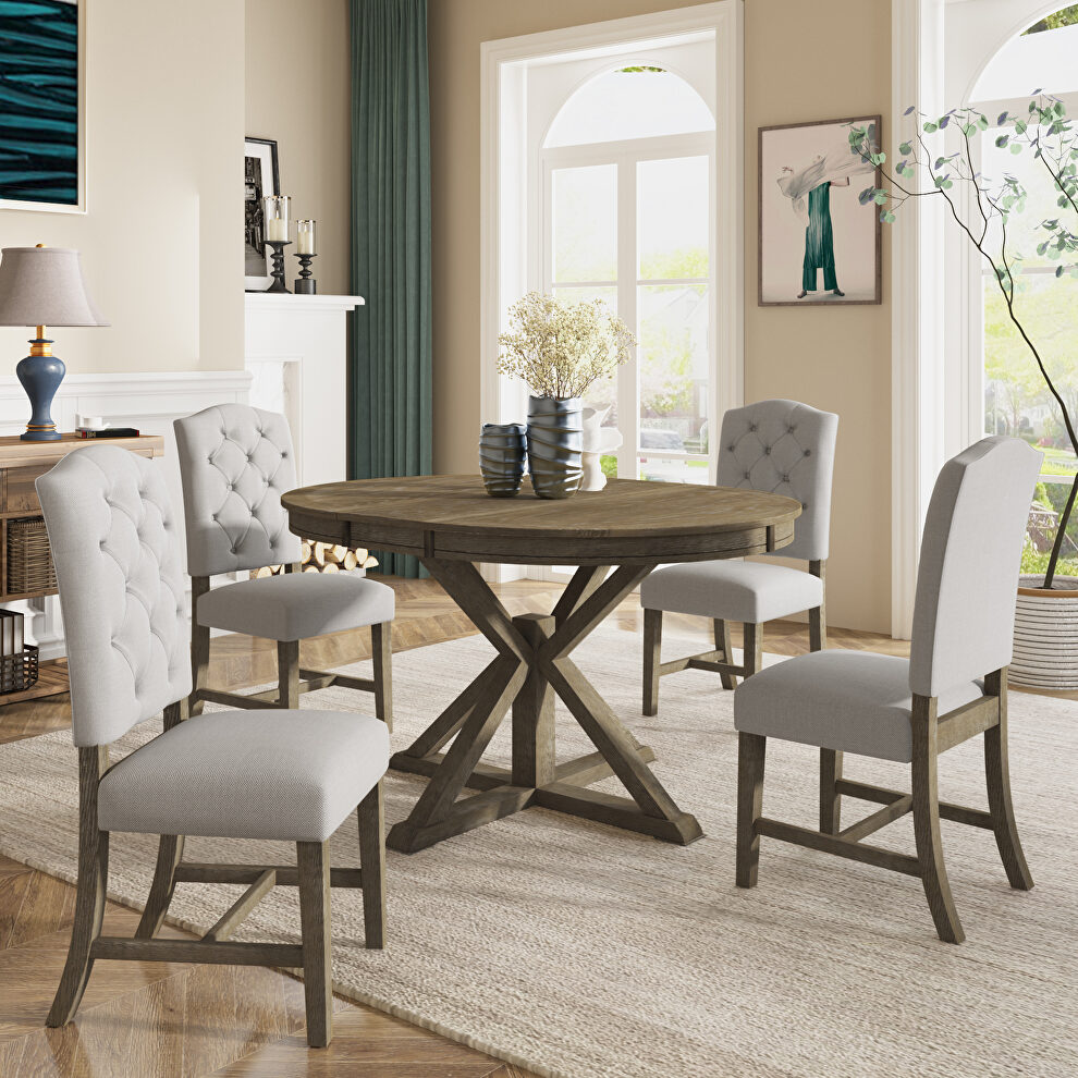 Natural wood wash finish retro style dining table set with extendable table and 4 upholstered chairs by La Spezia