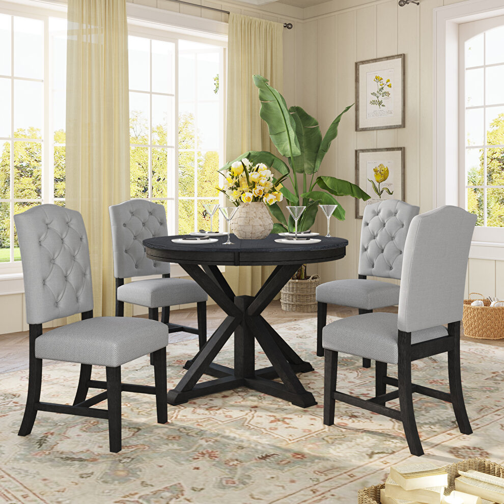 Espresso finish retro style dining table set with extendable table and 4 upholstered chairs by La Spezia