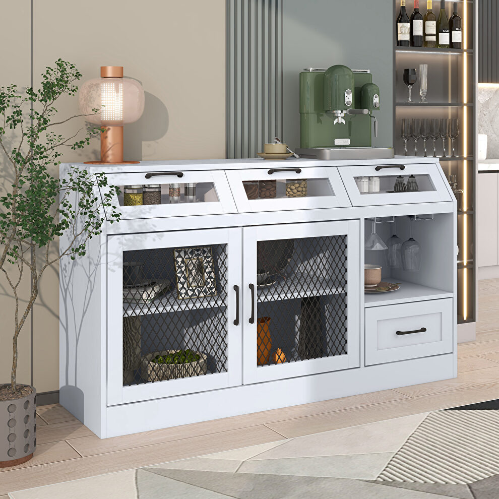 White mesh metal doors multifunctional buffet cabinet with wineglass holders by La Spezia