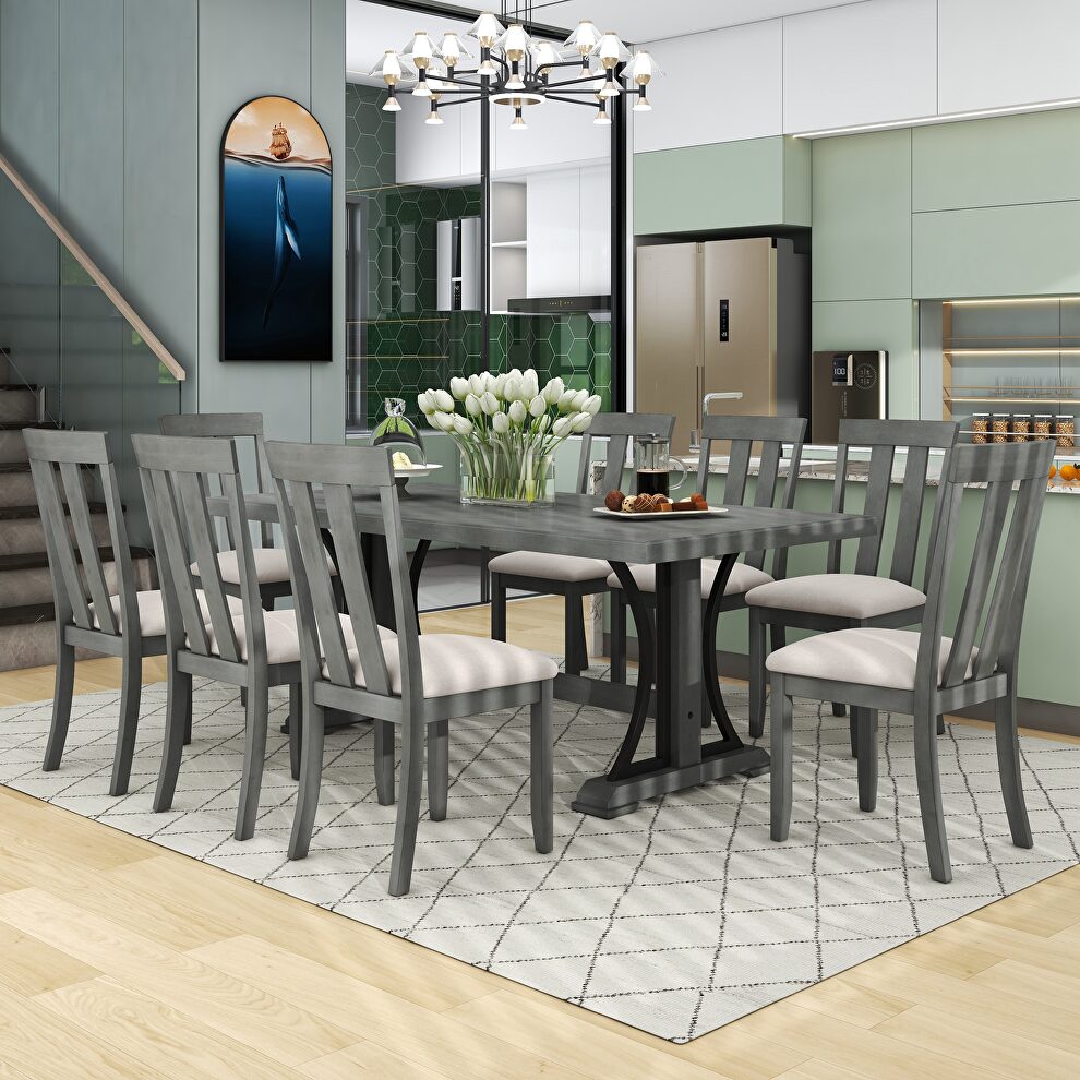 9-piece retro style dining table set: gray wood rectangular table and 8 dining chairs by La Spezia