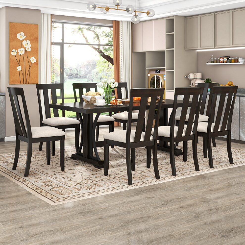 9-piece retro style dining table set: espresso wood rectangular table and 8 dining chairs by La Spezia