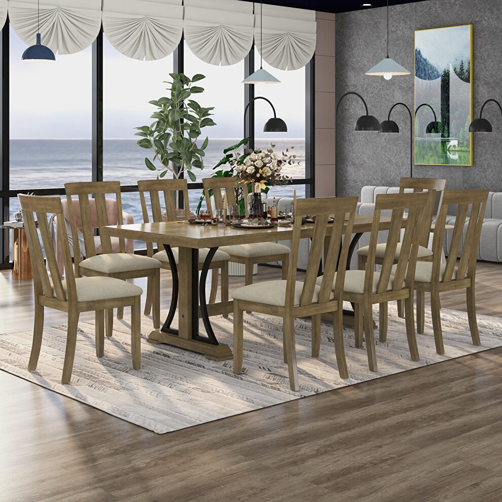 9-piece retro style dining table set: natural walnut wood rectangular table and 8 dining chairs by La Spezia