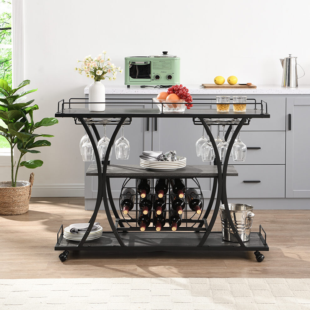 Industrial serving cart with 3 tier storage shelves in black and gray by La Spezia