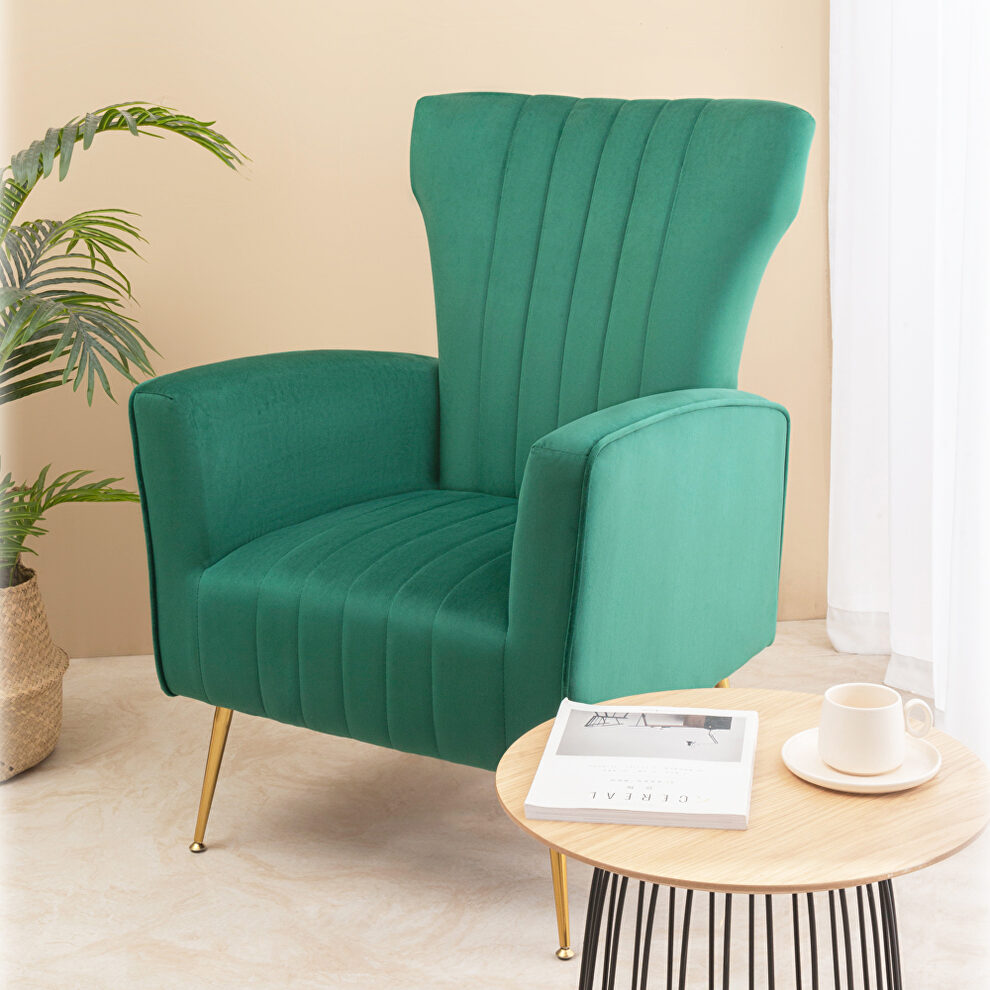 Green velvet wingback accent chair with gold legs by La Spezia