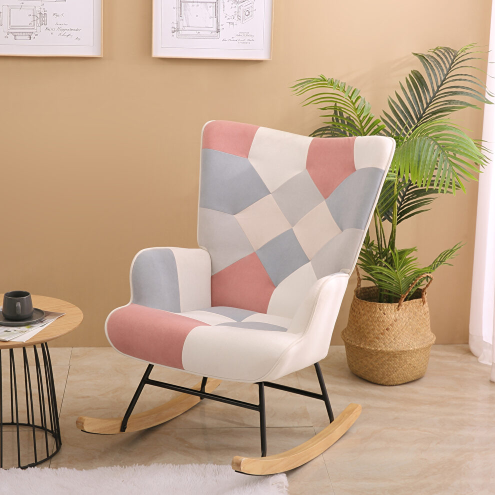 Pink patchwork linen fabric mid-century rocking chair with wood legs by La Spezia