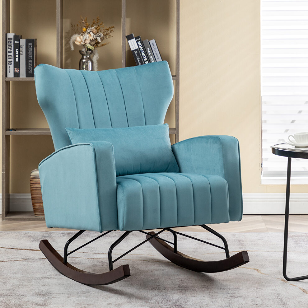 Blue velvet nursery accent rocking chair with solid metal legs by La Spezia