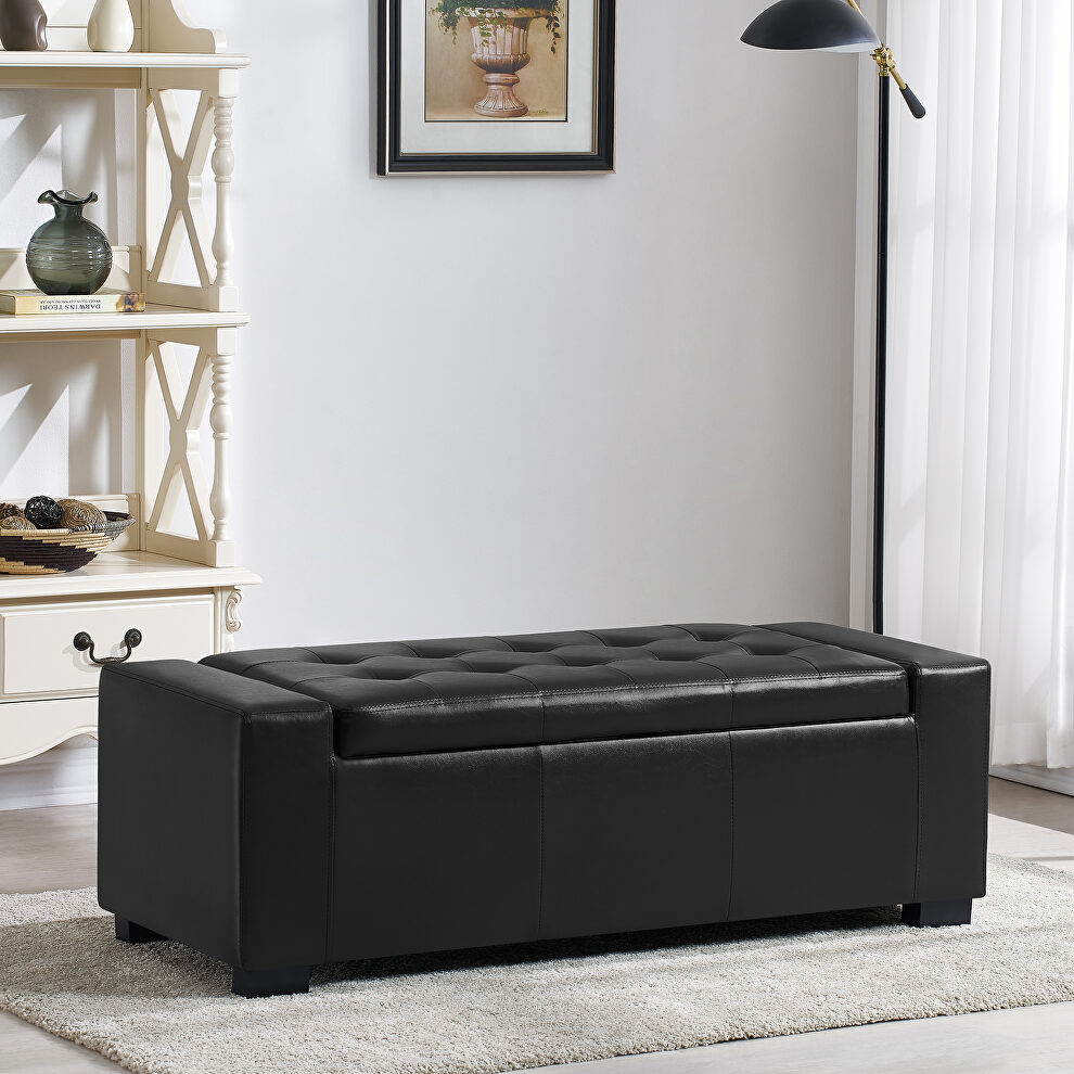 Black faux leather upholstery storage ottoman bench by La Spezia