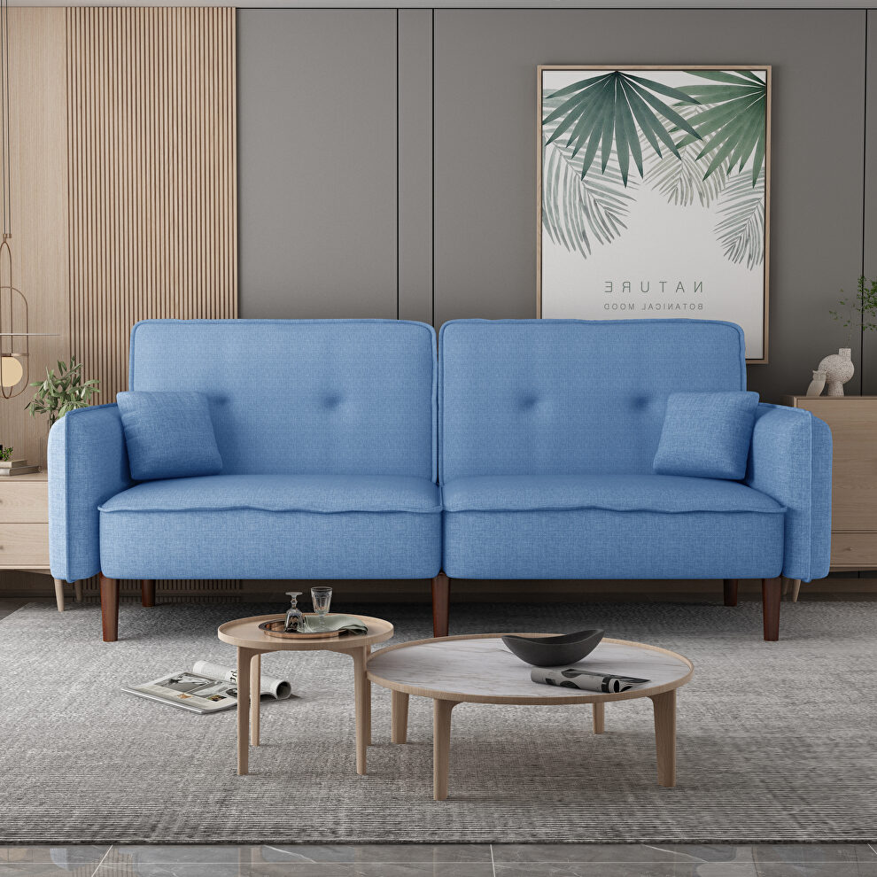 Futon sofa bed with solid wood leg in blue fabric by La Spezia