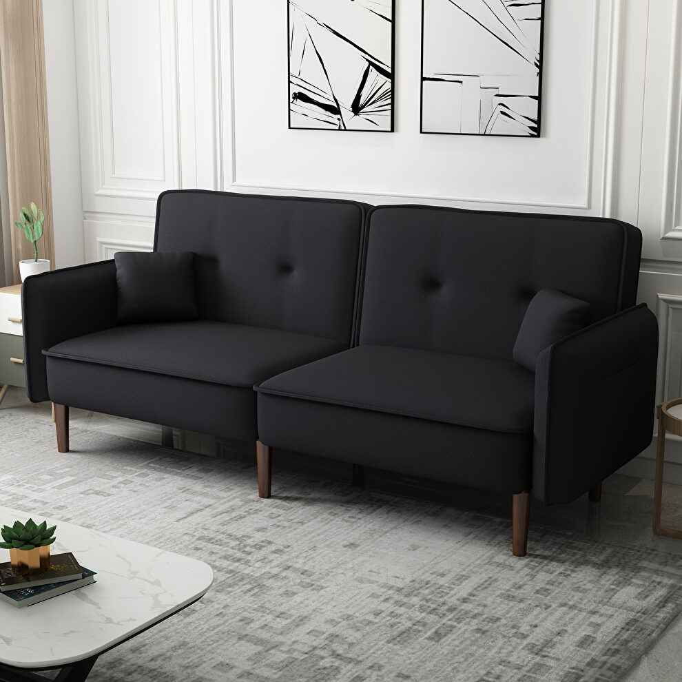 Convertible sofa bed with wood legs in black cotton linen fabric by La Spezia