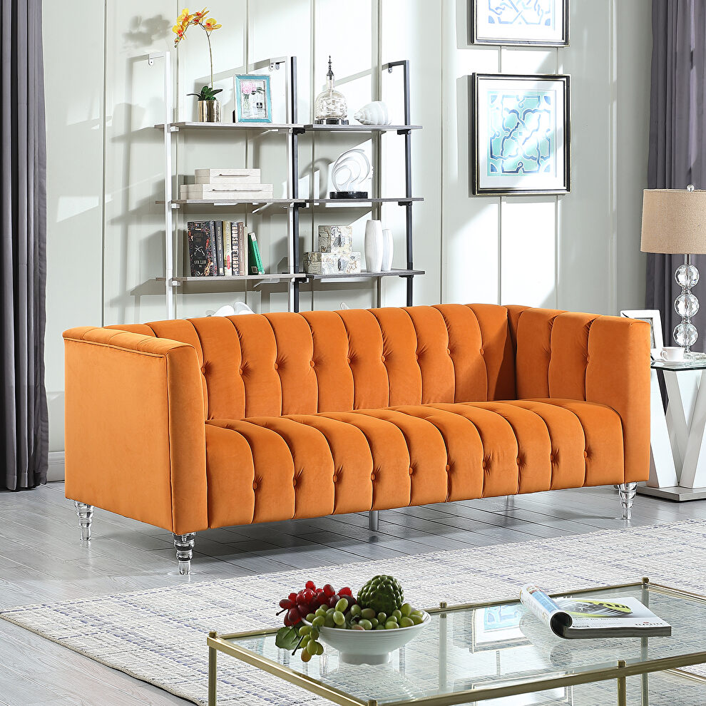Orange velvet channel chesterfield sofa by La Spezia
