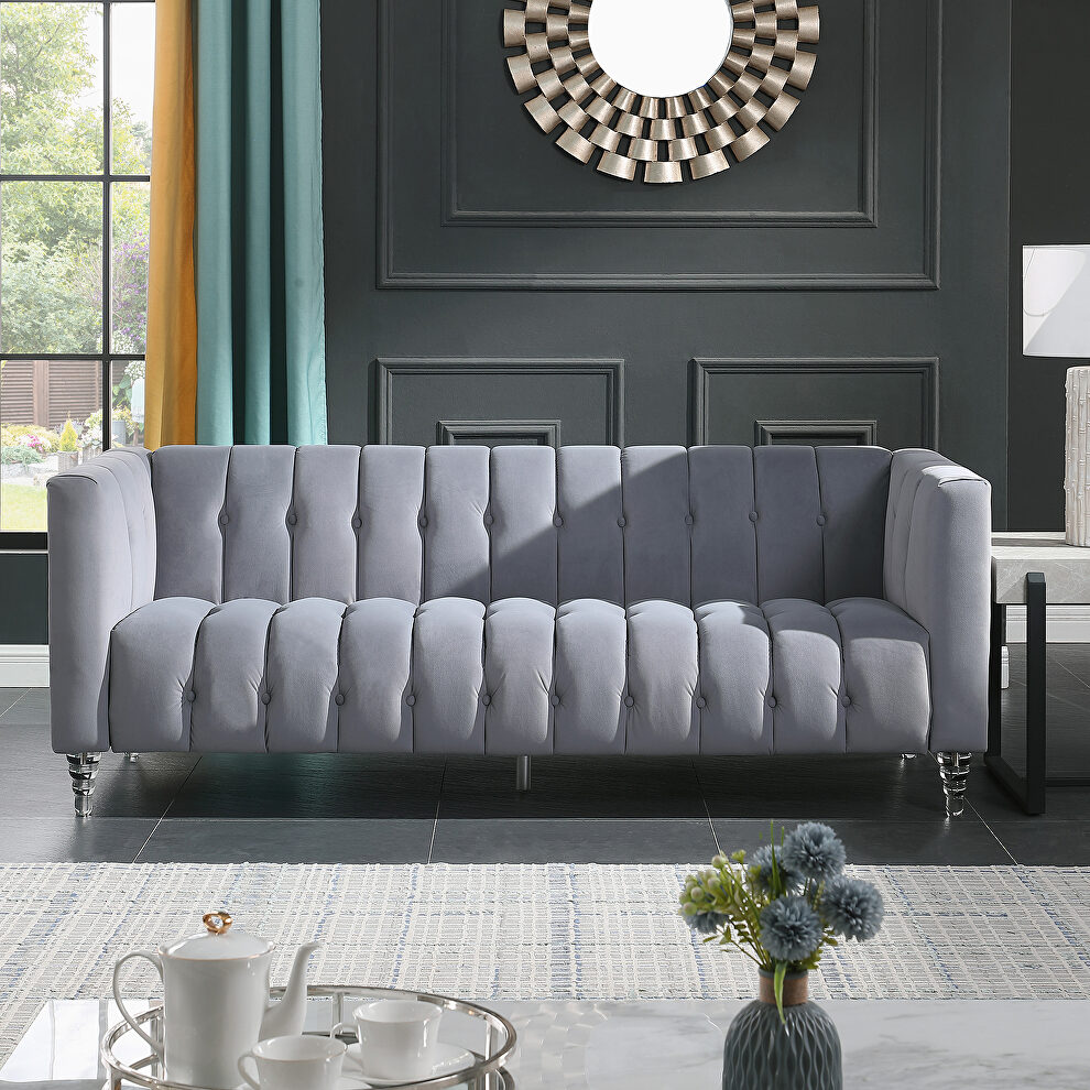 Gray velvet channel chesterfield sofa by La Spezia