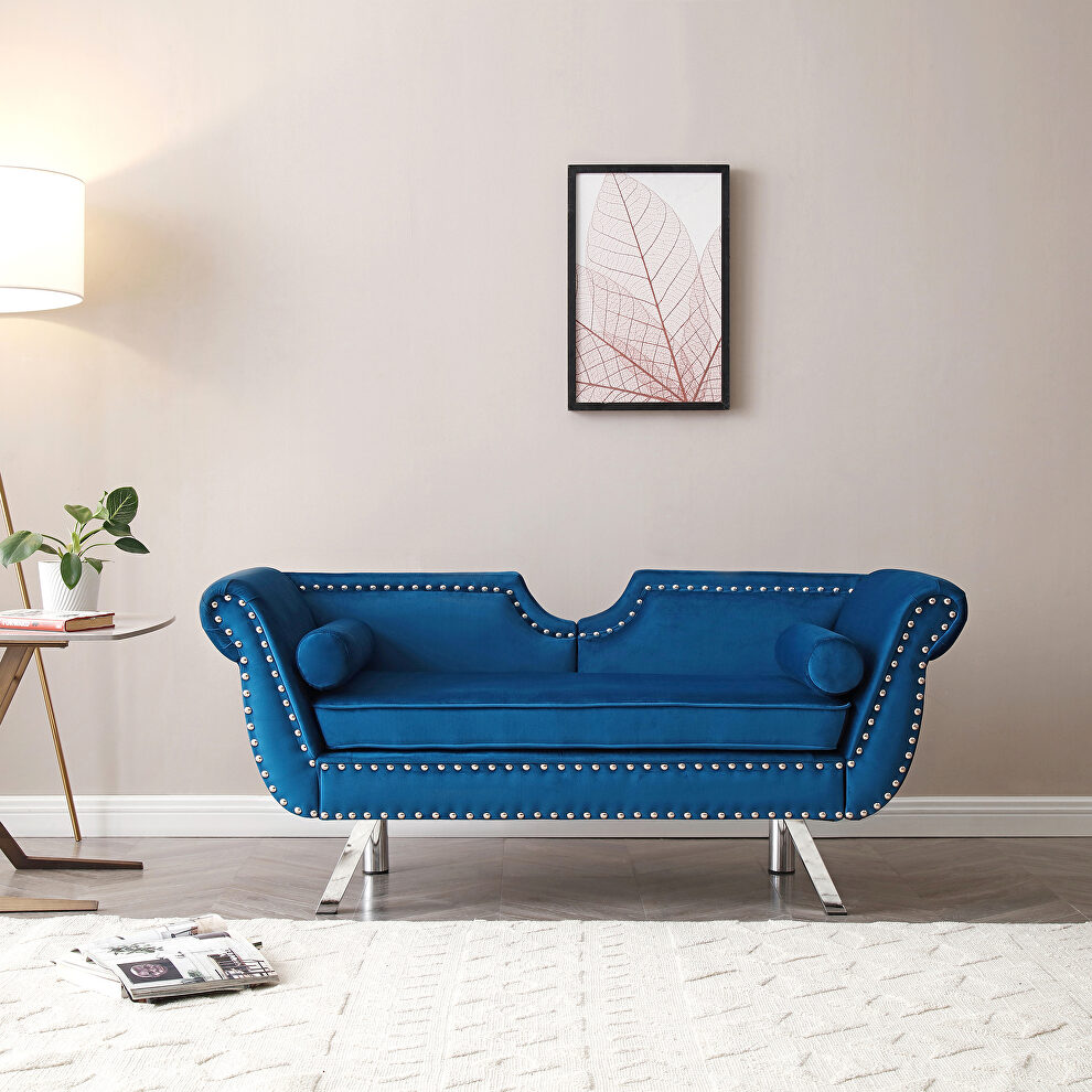 Blue velvet accent loveseat with nailhead trimming rolled arms by La Spezia