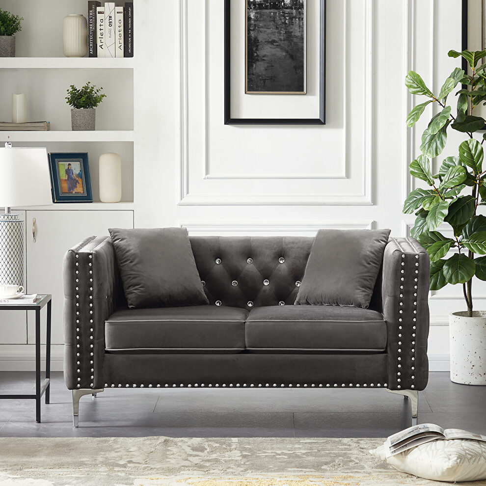 Gray velvet sofa with jeweled buttons square arm by La Spezia