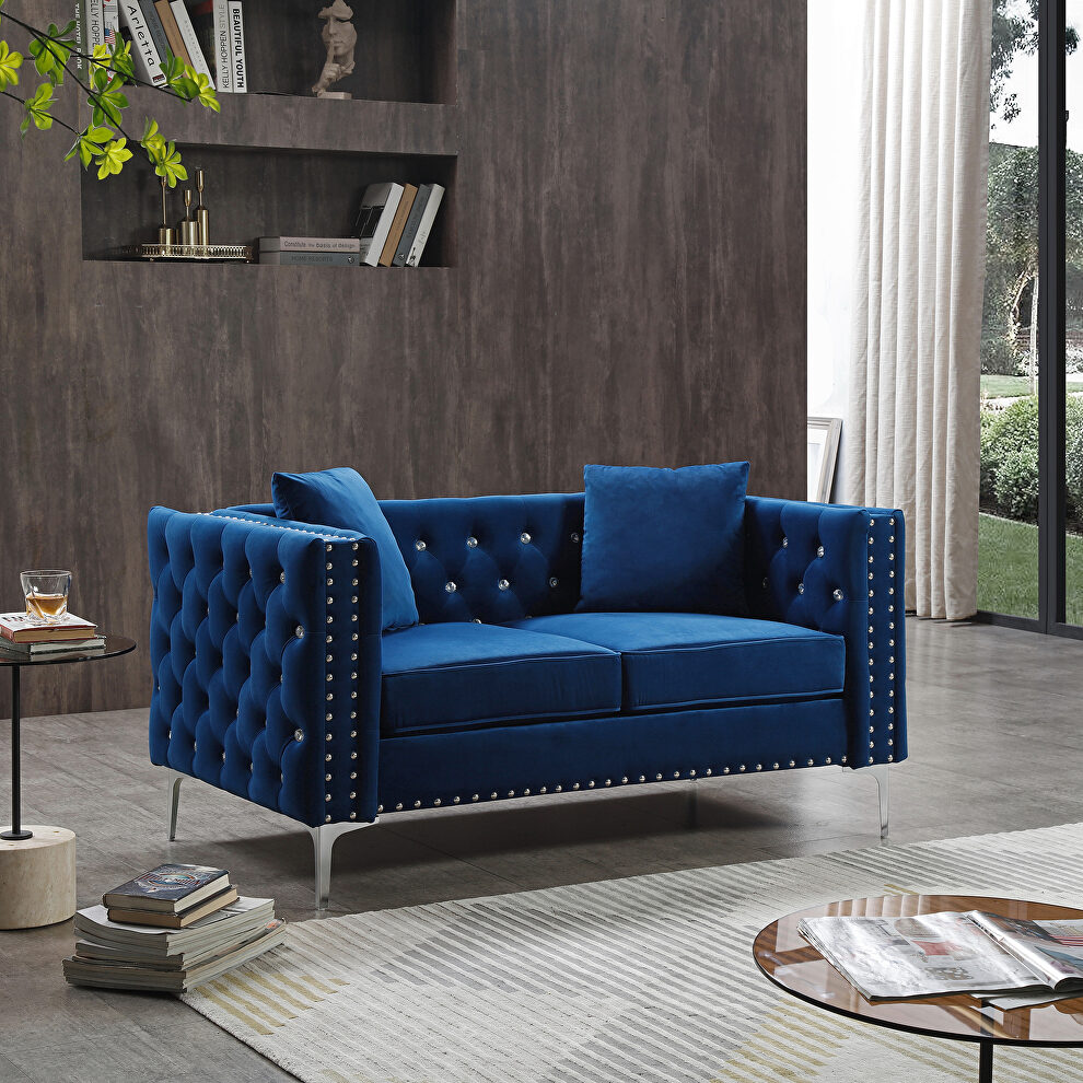Wide blue velvet sofa with jeweled buttons square arm by La Spezia