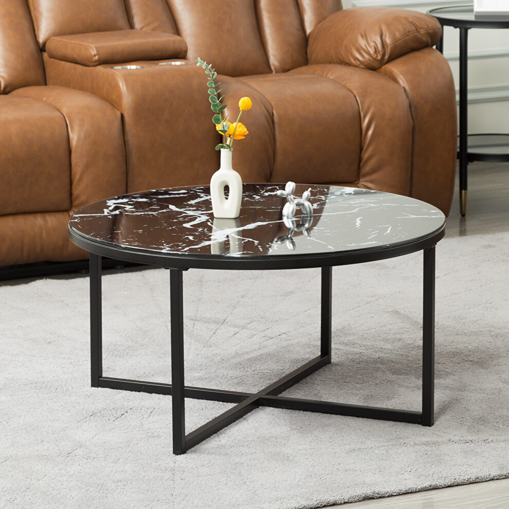 Cross legs coffee table with metal base glass top in black marble color printed by La Spezia