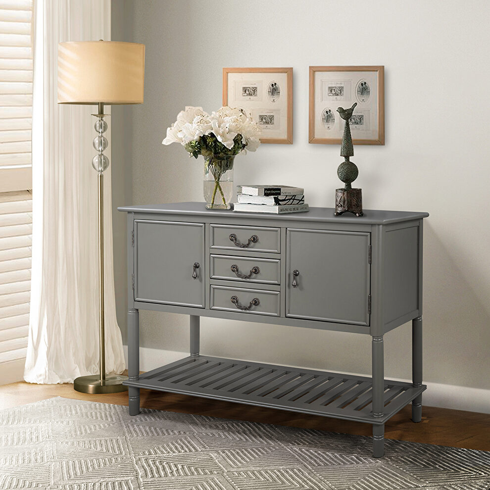 Gray wood console table with drawers and shelves by La Spezia