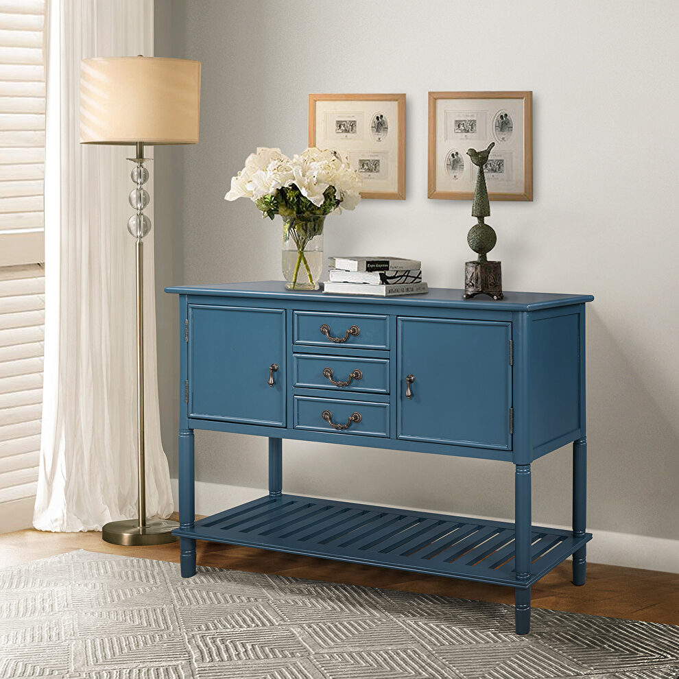 Navy wood console table with drawers and shelves by La Spezia